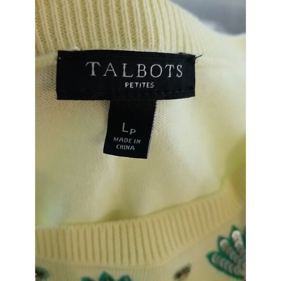 Talbots Sweater Top Womens Petite L Yellow SSleeve Pineapple Sequin Pullover - Picture 4 of 7
